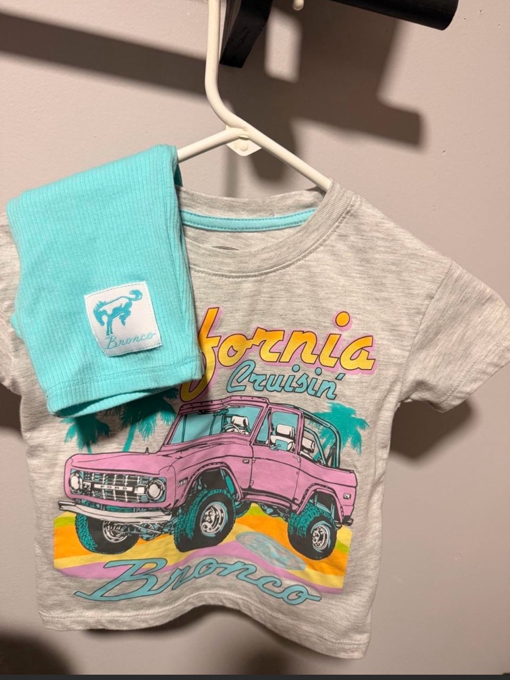 Ford Kids Gray Tee with Pink Bronco Graphic and Teal Shorts